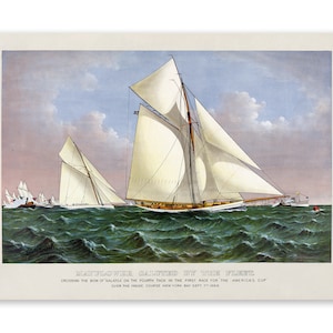 May include: A vintage illustration of a sailboat race. The Mayflower, a white sailboat with a brown hull, is shown sailing past the bow of another sailboat. The caption reads "Mayflower Galloped in the First Race for the Americas Cup, Crossing the Bow of Salatea on the Fourth Tack in the First Race for the Americas Cup, Over the Inside Course New York Bay Sept 1st 1895."