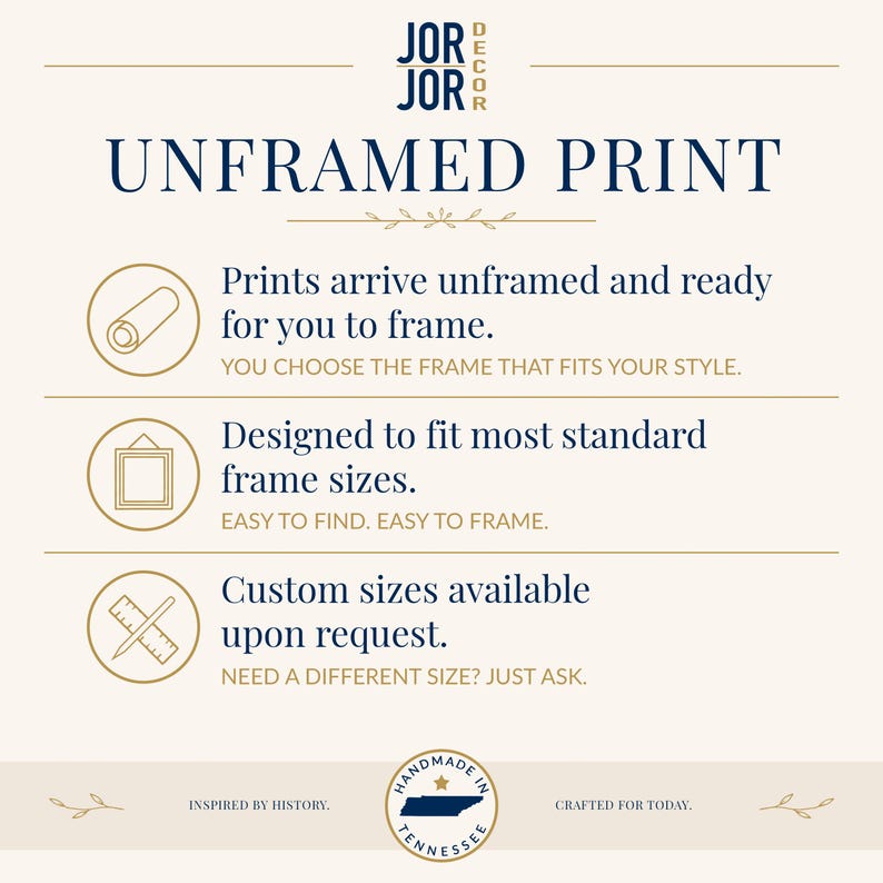 The image is an advertisement for JOR Decor, featuring a list of features for an unframed print, including prints arriving unframed and ready for framing, the ability to choose a frame that fits one's style, a designed to fit most standard frame sizes, and custom sizes available upon request. The ad is inspired by history and crafted for today, with a focus on Tennessee.