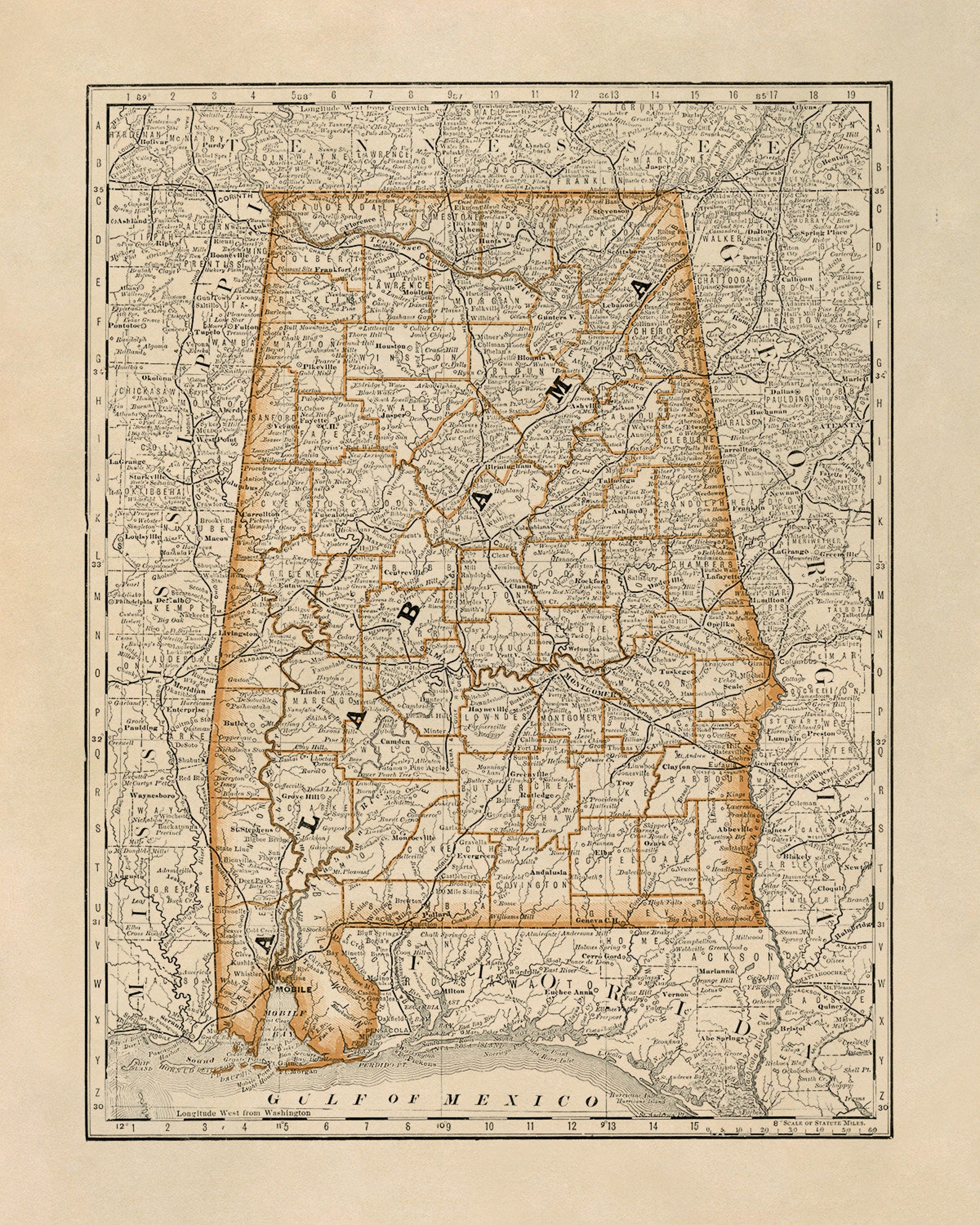 Old Alabama Map Circa 1878 AL 1800s Antique Vintage Art Etsy