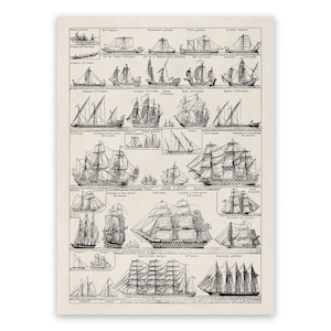 May include: A black and white illustration of various types of sailing ships. The ships are drawn in profile and labeled with their names in French.