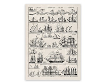 Sailing Ship Types Chart Print, Historic Nautical Boat Diagram Poster, Vintage Style Reproduction FD14