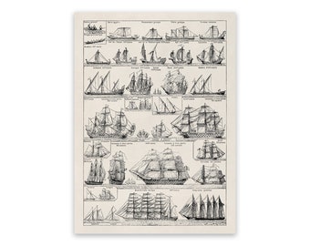 Old Sailing Ship Illustration, Historic Nautical Naval Ships Poster, Premium Vintage Style Reproduction Print FD14