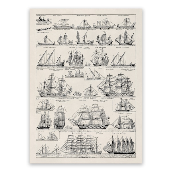 Old Sailing Ship Illustration, Historic Nautical Naval Ships Poster, Premium Vintage Style Reproduction Print FD14