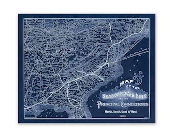 May include: A dark blue and white vintage-style map titled Map of the Seaboard Air Line and its Principal Connections, North, South, East & West 1896. The print features intricate white line work depicting railway routes across a coastal region.