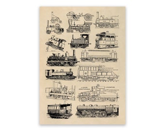Antique Locomotive Railroad Illustration, Premium Vintage Style ReproductionPrint FD23