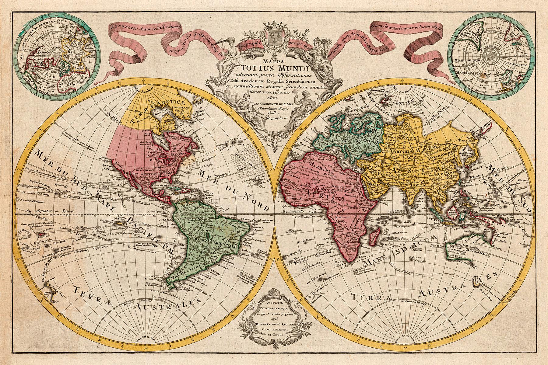 Antique 18th Century World Map, Globe Shown in Hemispheres