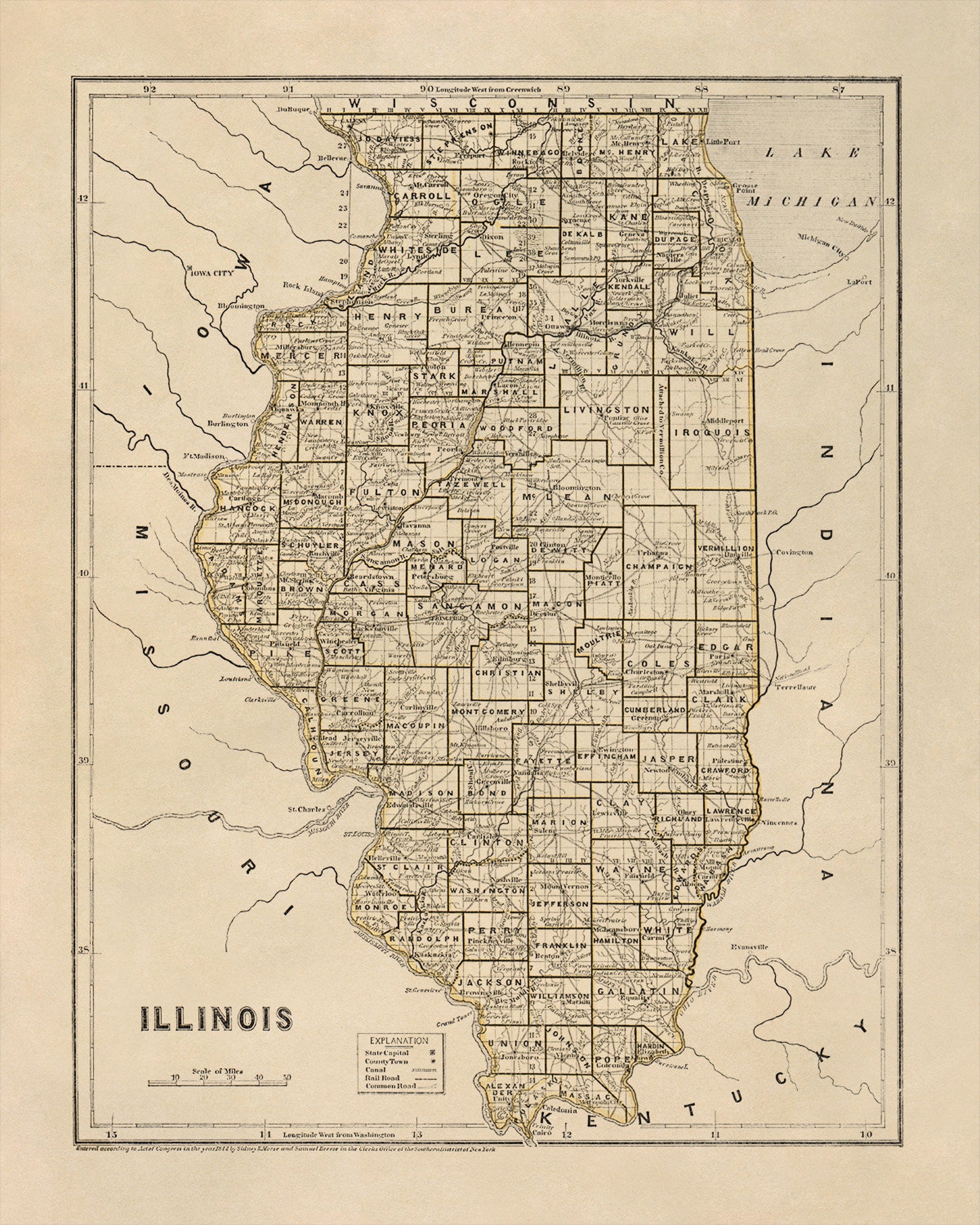 Illinois State Map Poster 1842 Old 1800s Vintage Style Print - Etsy