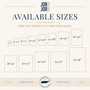 The image is a collection of various sizes of framed artworks or photographs, arranged in a grid format. The text above the image reads "JOR JOR DESIGN" and "AVAILABLE SIZES" followed by a tagline that says "FIND THE PERFECT FIT FOR YOUR SPACE." The bottom of the image features the phrase "INSPIRED BY HISTORY. CRAFTED FOR TODAY."