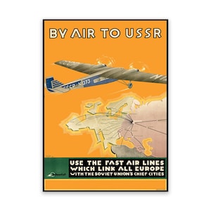 USSR Russia Airline Travel Poster, Vintage Style 1900s Mid Century Reproduction Print, Retro Wall Art Decor