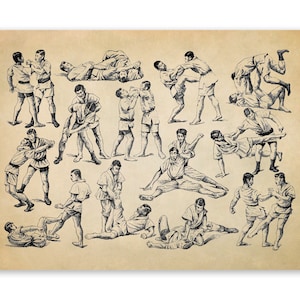 Jiu Jitsu Techniques Poster, Professional Fighting Styles Chart, Premium Vintage Style Reproduction Print FD38