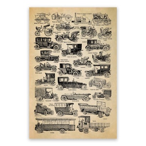 Antique Automobiles Art, Old Cars and Trucks Chart, Premium Vintage Style Reproduction Print, AM119