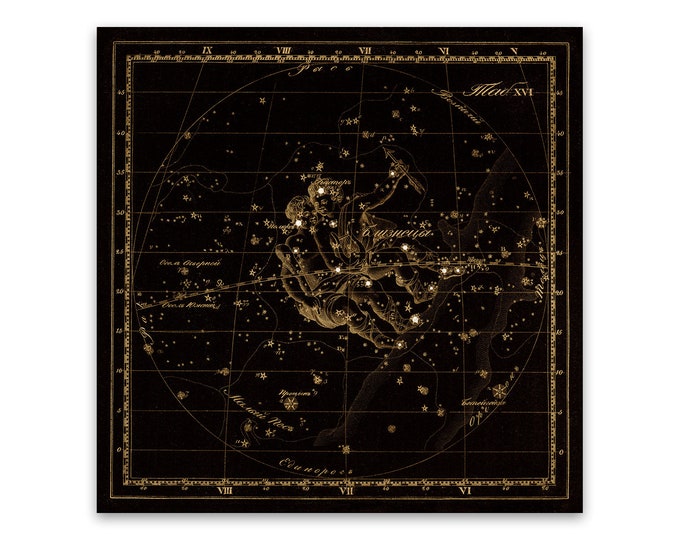 Gemini Zodiac Sign Art, Old Russian Astronomy Chart, Star Constellation Illustration, Vintage Style Print, Multiple Size Options