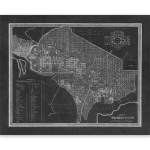 Carte ancienne de Washington DC, impression de style vintage District de Columbia, vers les années 1800