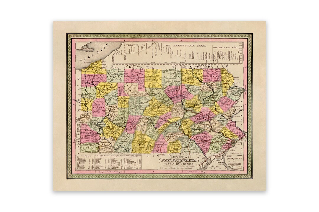 Antique Pennsylvania State Map Vintage Style Print Circa Etsy