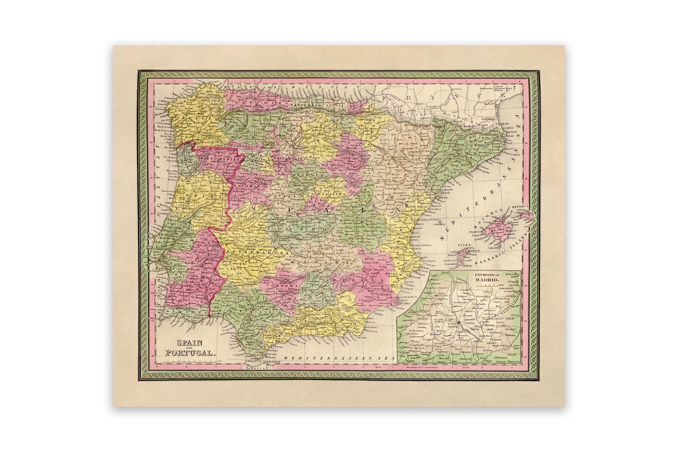 Tallis Reprint Old Historic Antique vintage colour map 1800s Spain /& Portugal