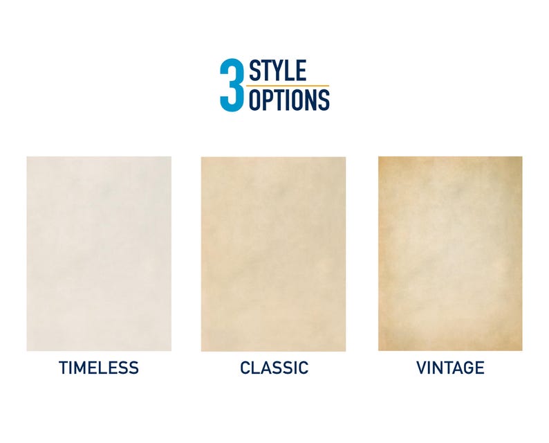 Puede incluir: Tres opciones de textura de papel para un producto: Atemporal, Cl&aacute;sico y Vintage. La opci&oacute;n Atemporal es un papel blanco con una textura sutil. La opci&oacute;n Cl&aacute;sico es un papel beige claro con una textura sutil. La opci&oacute;n Vintage es un papel marr&oacute;n claro con una textura m&aacute;s pronunciada.