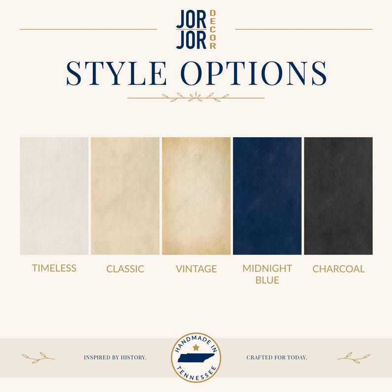 a collection of five fabric swatches in various colors, including white, beige, navy blue, black, and charcoal. The swatches are arranged in a row, and the text above them reads "JOR JOR DESIGN STYLE OPTIONS".