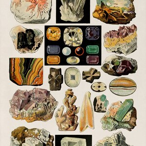 May include: A vintage illustration of various minerals and gemstones, including amethyst, quartz, agate, and emerald. The image is titled "Min&eacute;raux" in French.