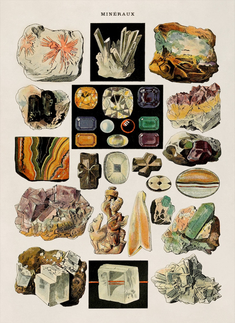 May include: A vintage illustration of various minerals and gemstones, including amethyst, quartz, agate, and emerald. The image is titled "Min&eacute;raux" in French.