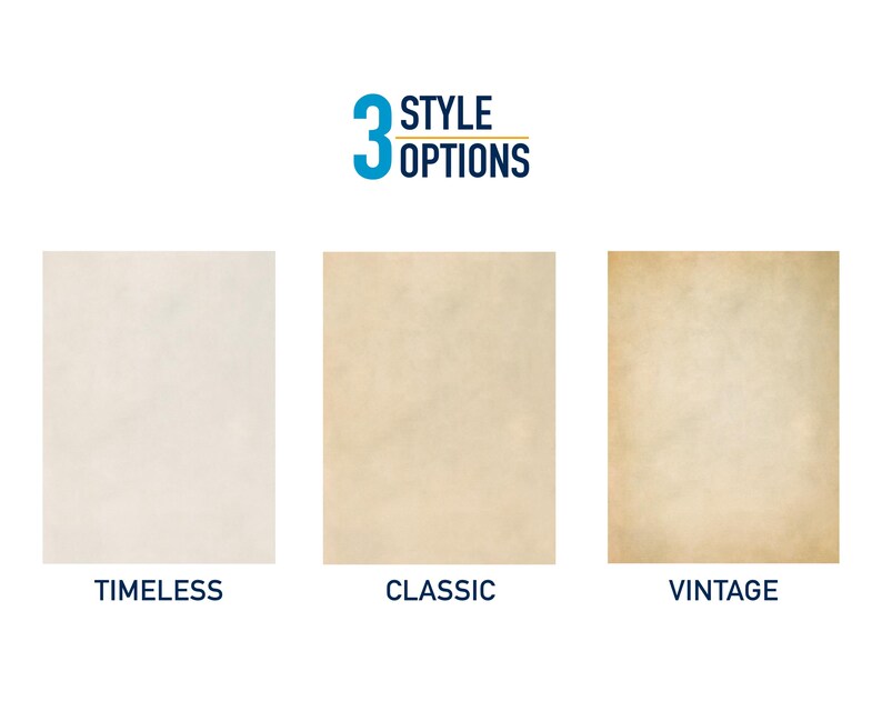May include: Three paper texture options for a product: Timeless, Classic, and Vintage. The Timeless option is a white paper with a subtle texture. The Classic option is a light beige paper with a subtle texture. The Vintage option is a light brown paper with a more pronounced texture.