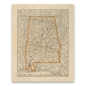 Old Map of Alabama, 19th Century Cartography Decor, Vintage Style Print Circa 1800s