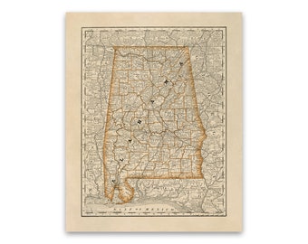 Old Map of Alabama, 19th Century Cartography Decor, Vintage Style Print Circa 1800s