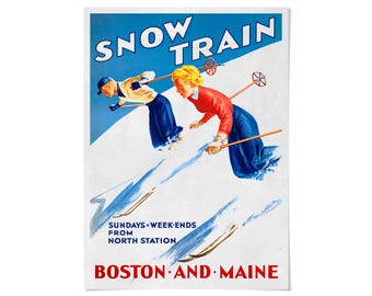 Vintage New England Ski Poster, Snow Train Travel Print, Retro Winter Skiing Wall Art