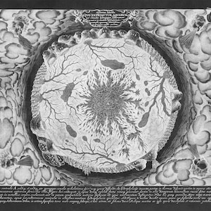 Subterranean Oceans Hollow Earth Map, Vintage Style Print Circa 1600s Charcoal