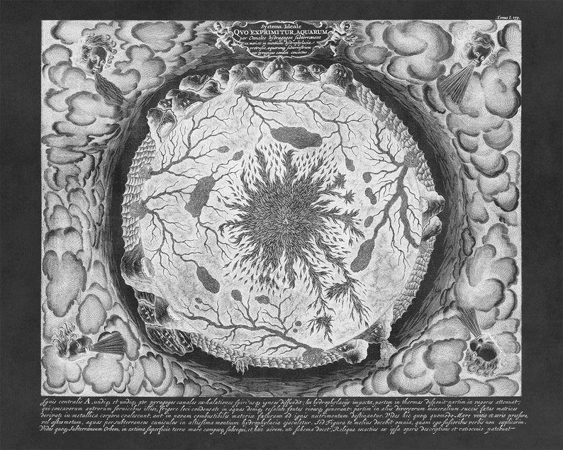 Subterranean Oceans Hollow Earth Map, Vintage Style Print Circa 1600s Charcoal