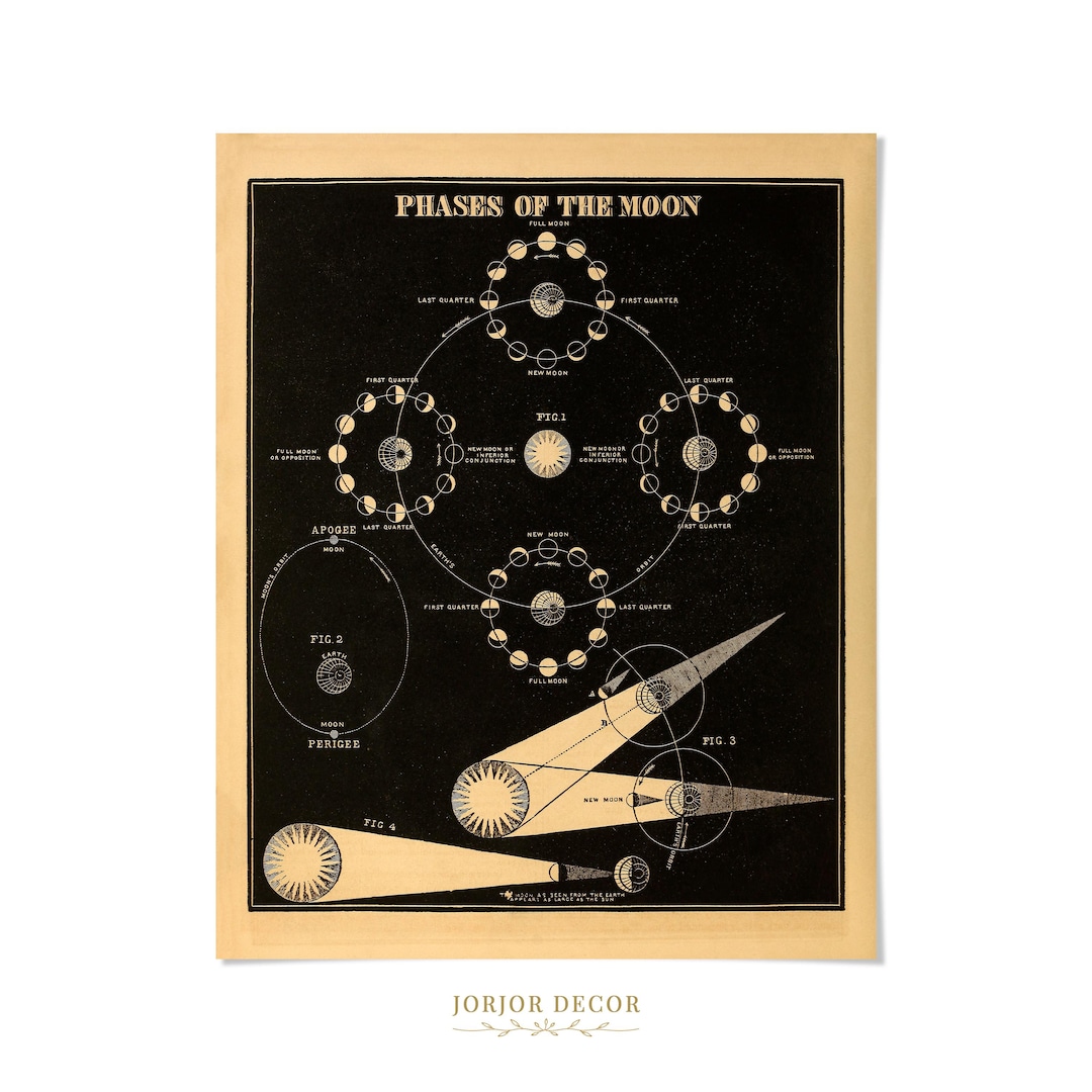 Moon Phases Astronomy Print, Vintage Lunar Cycle & Eclipse Chart