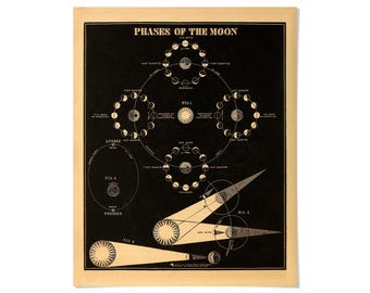 May include: A rectangular poster titled PHASES OF THE MOON featuring a black background with cream-colored diagrams. It displays lunar cycles, orbital paths, and geometric shadow projections labeled FIG 1, FIG 2, FIG 3, and FIG 4 in a vintage style.