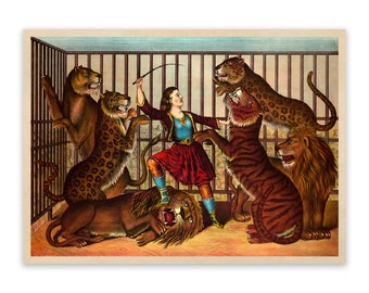 Circus Female Lion Tamer Poster Old Circus Animal Themed Wall Art, Premium Vintage Style Reproduction Print