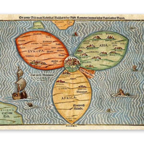 Ancient Cloverleaf World Map, Vintage Style Print Circa 1500s