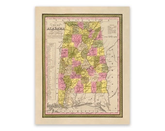 Vintage Alabama Map Print: 1849 Antique Style Home Decor