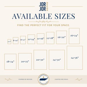 The image is a collection of various sizes of framed artworks or photographs, arranged in a grid format. The text above the image reads "JOR JOR DESIGN" and "AVAILABLE SIZES" followed by a tagline that says "FIND THE PERFECT FIT FOR YOUR SPACE." The bottom of the image features the phrase "INSPIRED BY HISTORY. CRAFTED FOR TODAY."