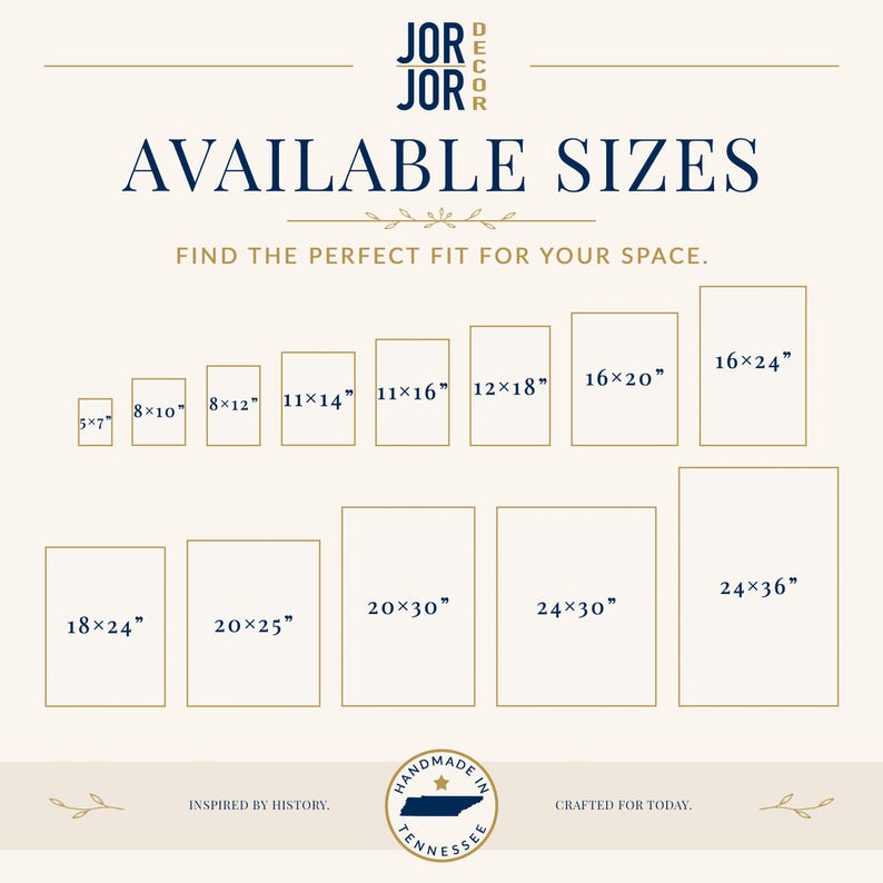 The image is a collection of various sizes of framed artworks or photographs, arranged in a grid format. The text above the image reads "JOR JOR DESIGN" and "AVAILABLE SIZES" followed by a tagline that says "FIND THE PERFECT FIT FOR YOUR SPACE." The bottom of the image features the phrase "INSPIRED BY HISTORY. CRAFTED FOR TODAY."