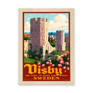Visby Sweden Travel Poster, Vintage Style 1900s Rustic Reproduction Print, Retro Wall Art Decor