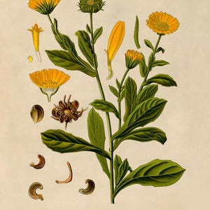 Pot Marigold Botanical Print, Vintage Orange Calendula Flower Illustration, Garden Study Art, MOBO 263 image 3
