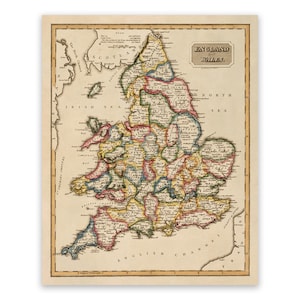 Antique Map of England and Wales, 19th Century Cartography Decor, Vintage Style Print Circa 1800s