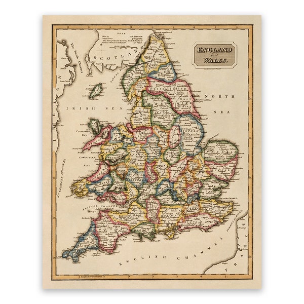 Antique Map of England and Wales, Vintage Style Print Circa 1800s