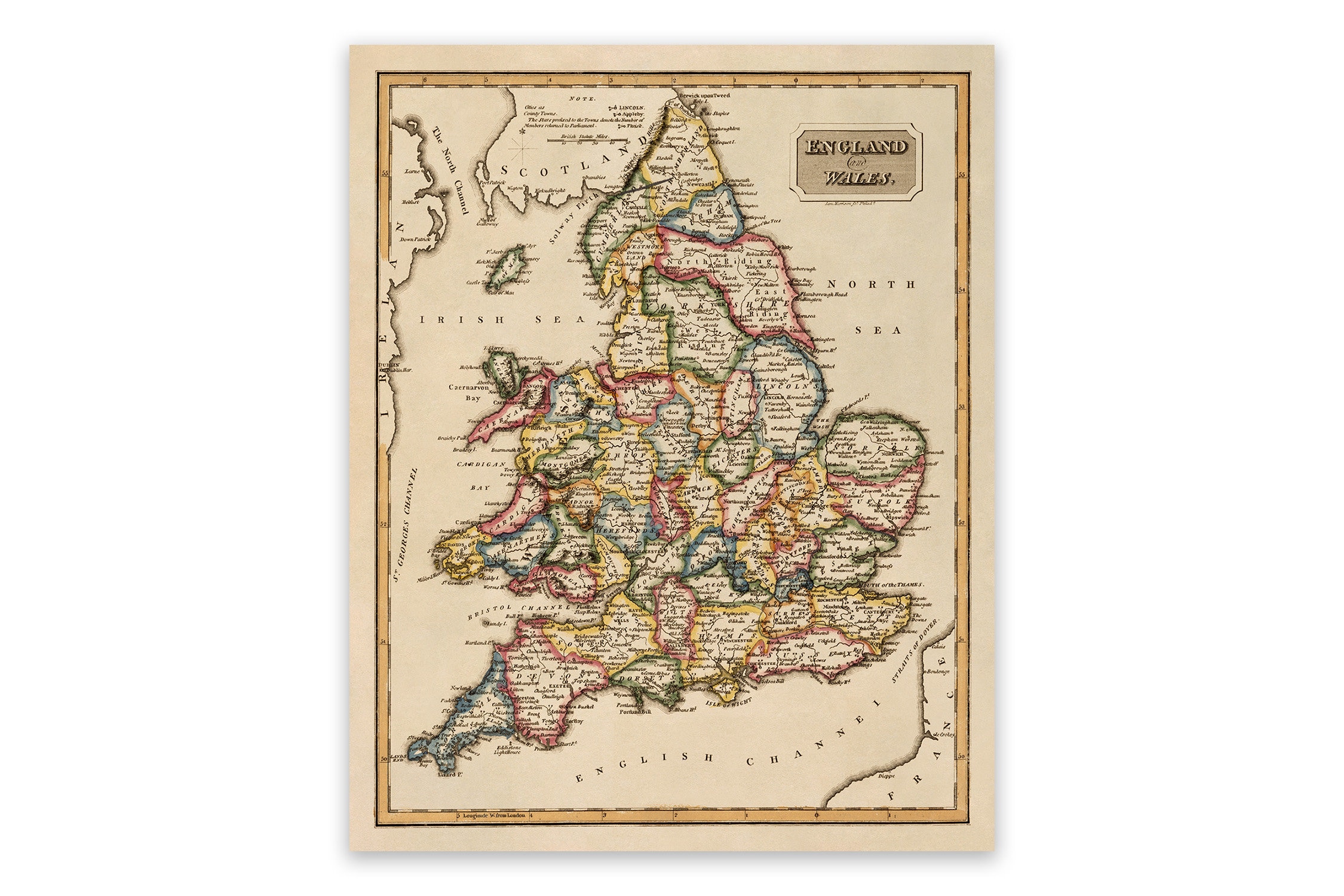 19世紀 イギリスとウェールズの古地図　ガラス額縁　木製フレーム付き Antique England & Wales Map Print: 19th Century Cartography