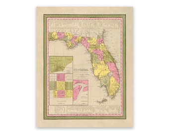 Old Map of Florida, Vintage Style Print Circa 1800s