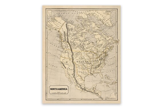 Old Map of North America, 19th Century Cartography Decor, Vintage