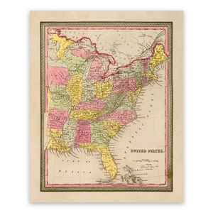 Map of the Eastern United States, 19th Century Cartography Home Decor, Vintage Style Print Circa 1800s, 3 Color Options