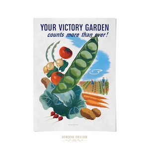 The image is a poster with a variety of vegetables, including a large pea pod, carrots, and radishes, along with a farm scene in the background. The poster has a blue and white color scheme and features text that reads "Your Victory Garden counts more than ever!"