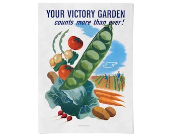 Victory Garden Print, 1945 WWII Food Poster, Vintage Vegetable Gardening Art