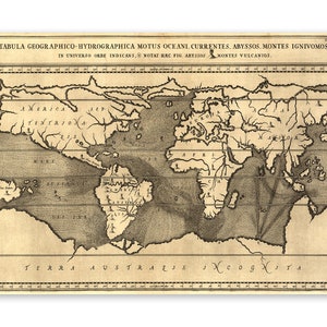 Ancient Map of World, Depicts Locations of Global Volcanos, 17th Century Cartography Decor, Vintage Style Print Circa 1600s
