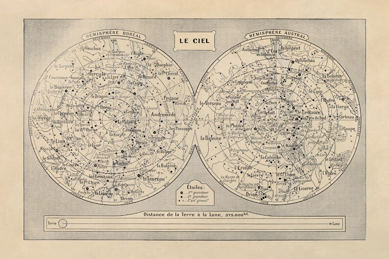 Zodiac Constellations Poster, Old Star Chart Astronomy Print, AM04 Classic