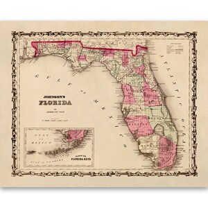 Antique Map of Florida, 19th Century Cartography Decor, Vintage Style Print Circa 1800s