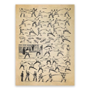 Fencing Techniques Vintage Print: Combat Styles Illustration, FD36